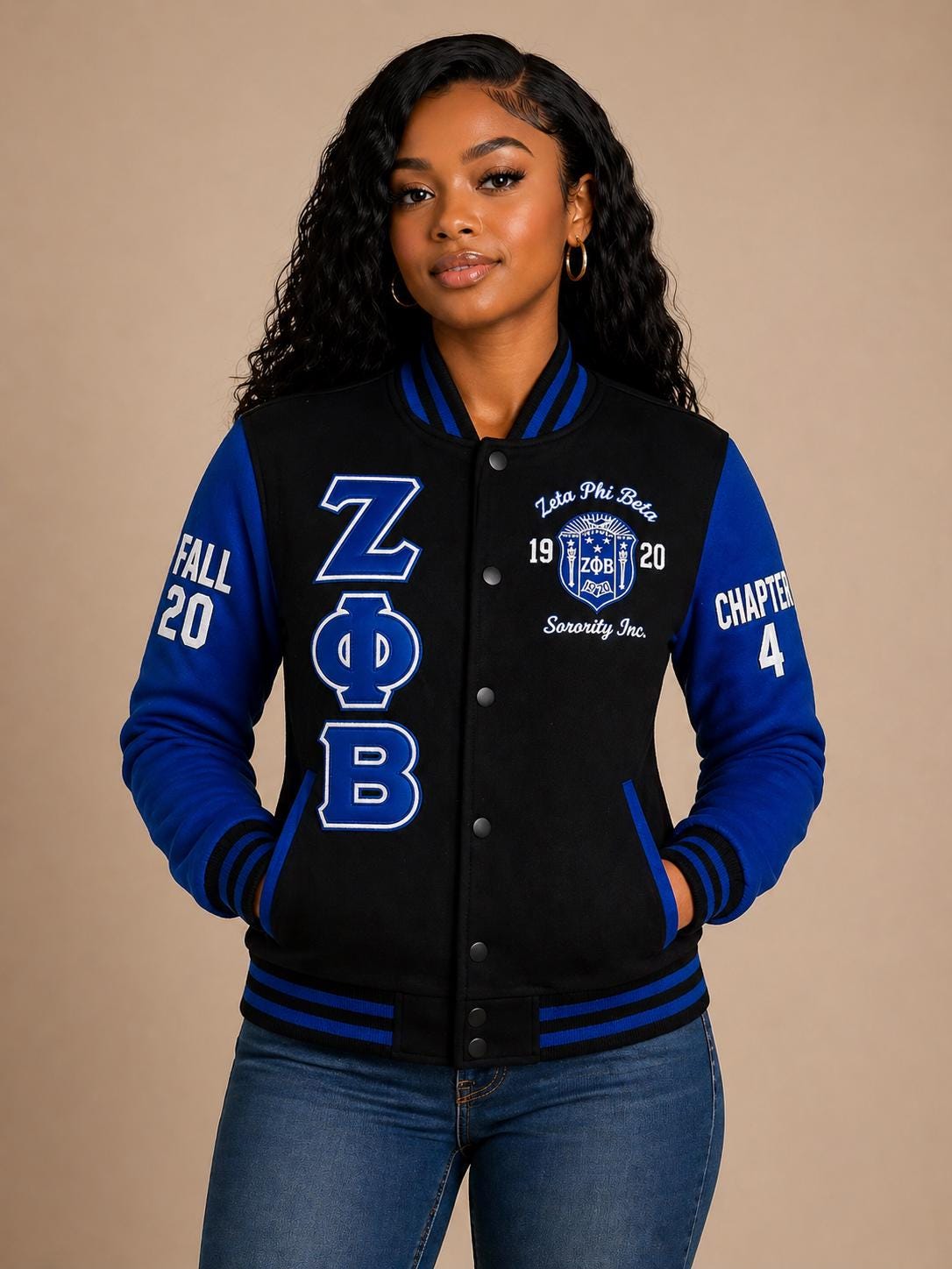 Red Zeta Phi Beta Varsity Line Jacket with personalized front, back, and sleeve embroidery