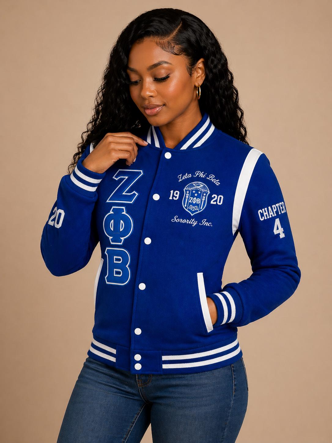 Red Zeta Phi Beta Varsity Line Jacket with personalized front, back, and sleeve embroidery