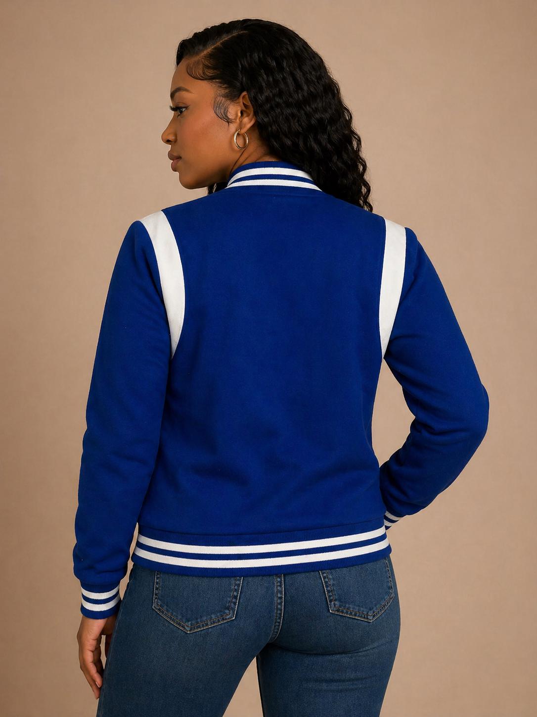 Red Zeta Phi Beta Varsity Line Jacket with personalized front, back, and sleeve embroidery