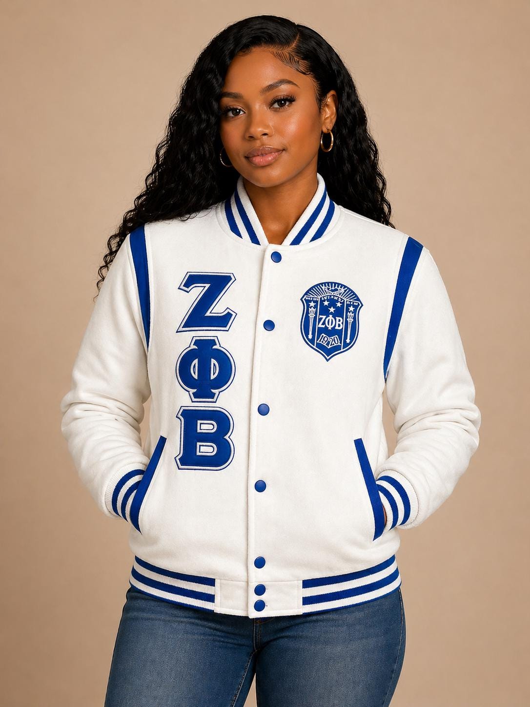 White / Red Zeta Phi Beta Varsity Line Jacket with personalized front, back, and sleeve embroidery