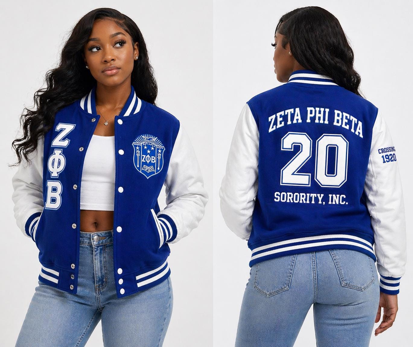 Red Zeta Phi Beta Varsity Line Jacket with personalized front, back, and sleeve embroidery