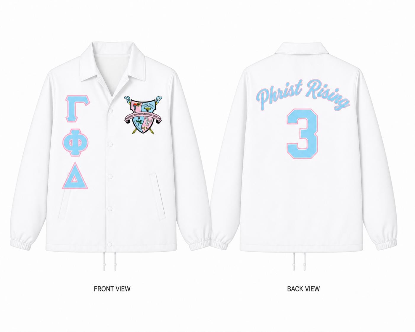 White / Pink custom embroidered Custom Line Jacket with personalized front, back, and sleeve embroidery