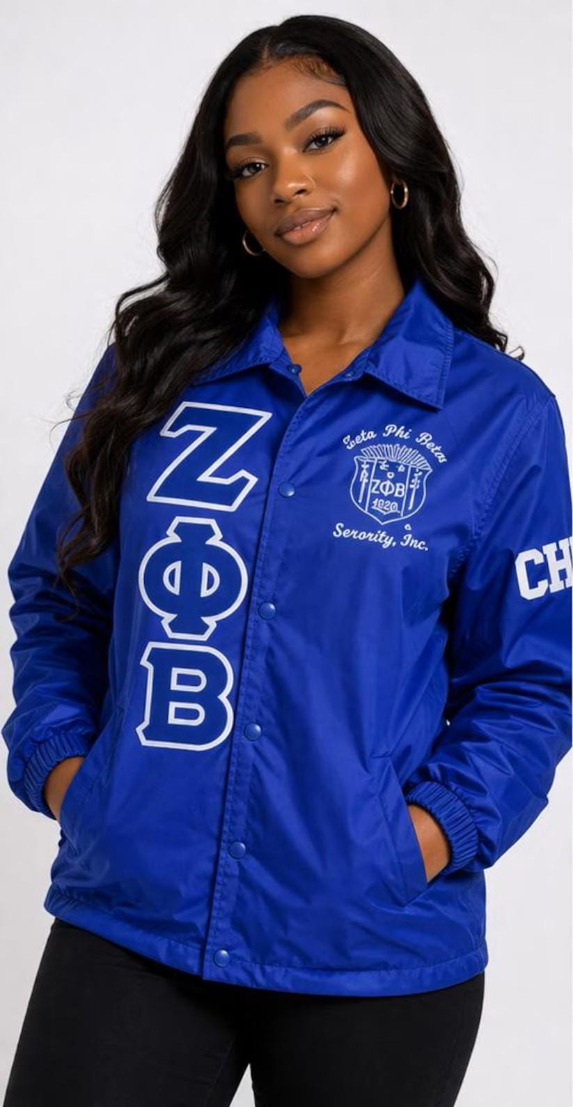 Royal Blue / Red Zeta Phi Beta Custom Line Jacket with personalized front, back, and sleeve embroidery