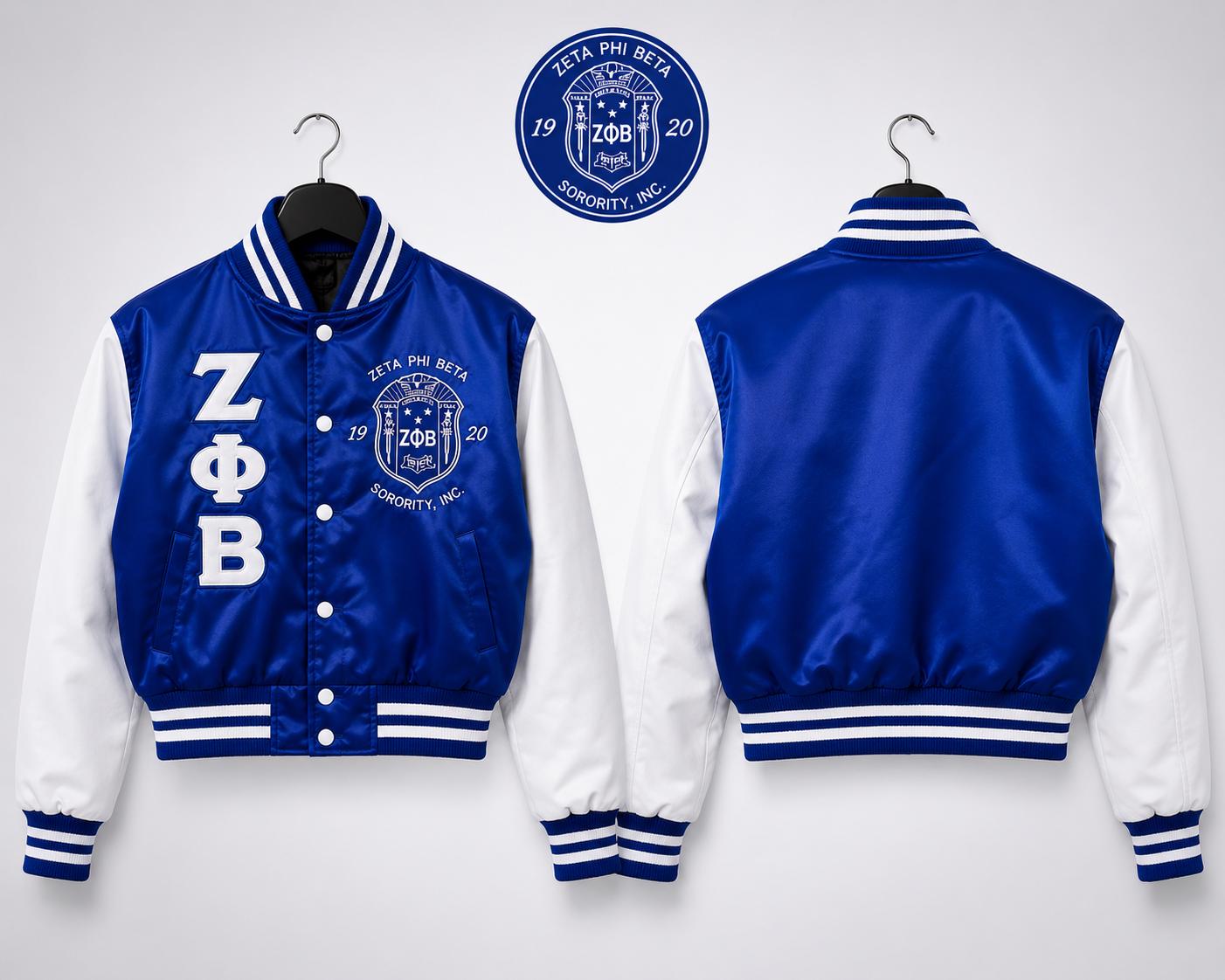 White / Red Zeta Phi Beta Cropped Line Jacket with personalized front, back, and sleeve embroidery