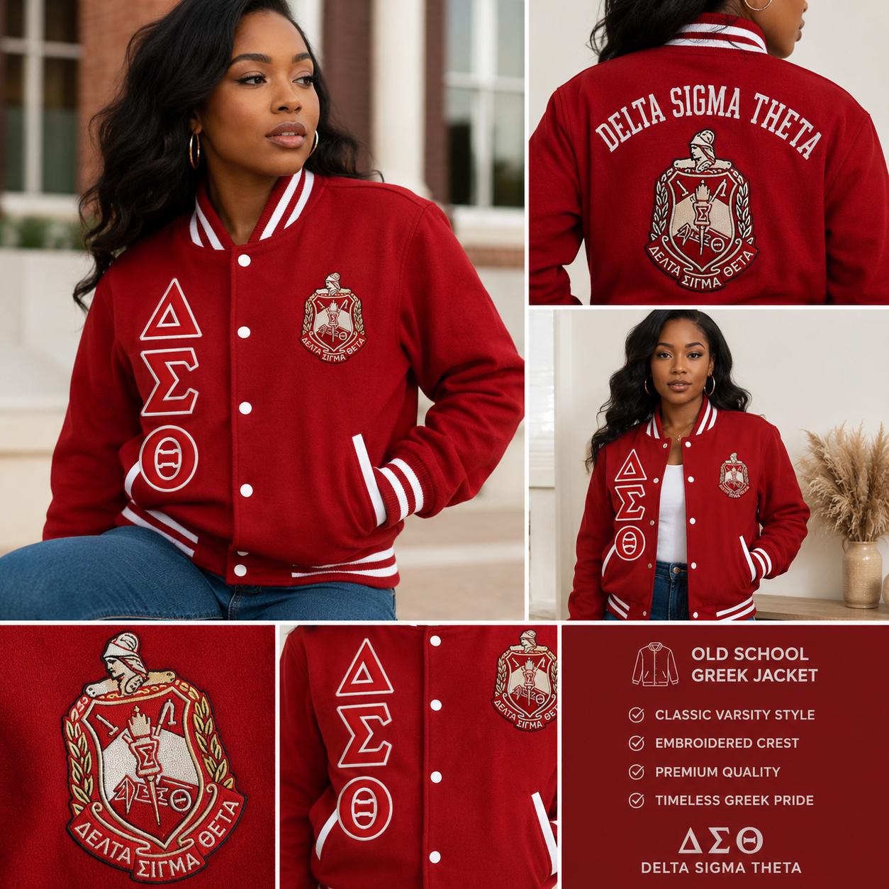 Red custom embroidered Varsity Line Jacket with personalized front, back, and sleeve embroidery