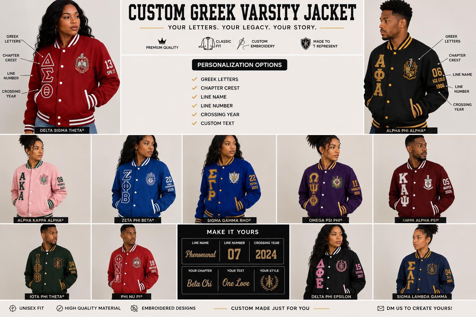 Red custom embroidered Varsity Line Jacket with personalized front, back, and sleeve embroidery