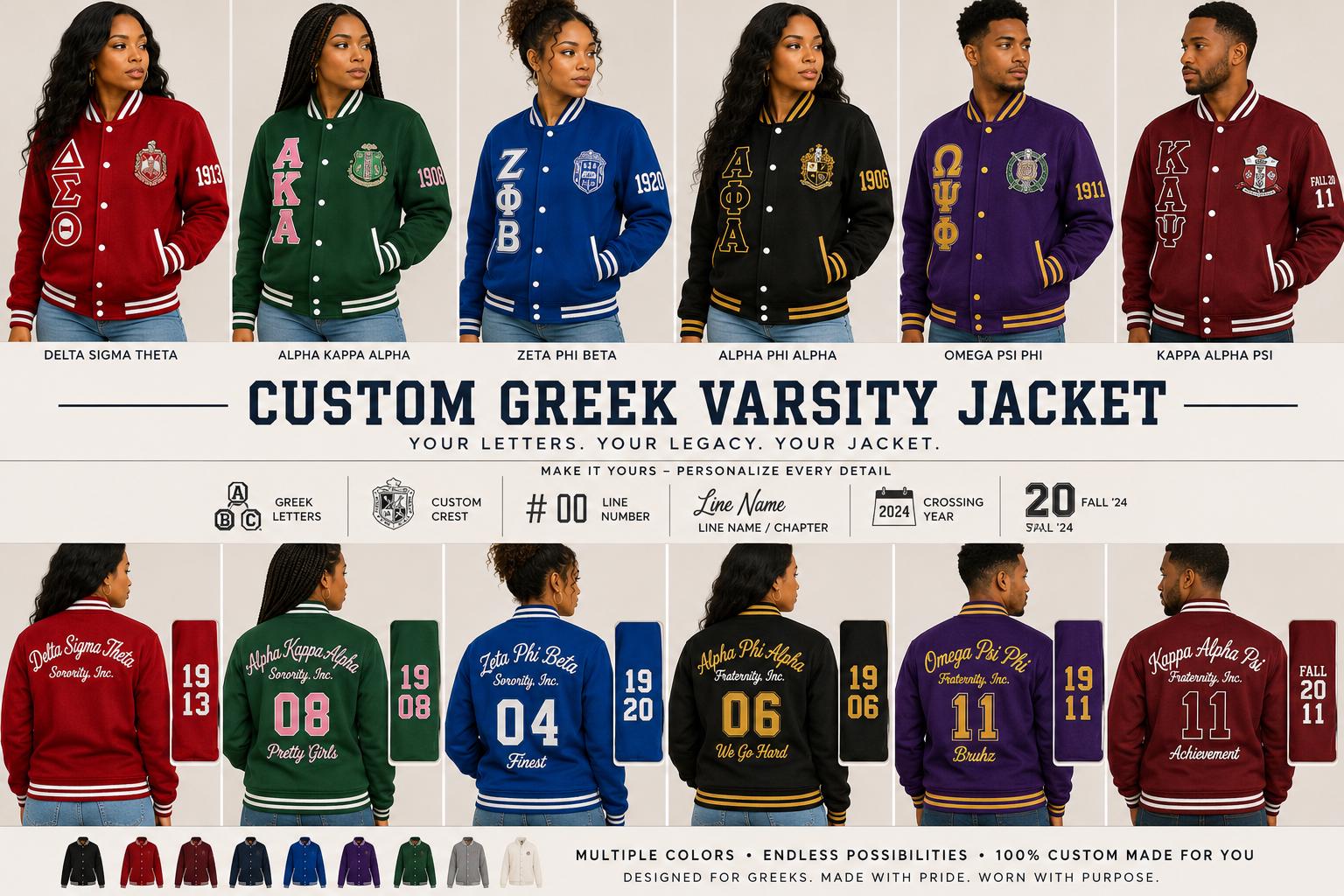 Red custom embroidered Varsity Line Jacket with personalized front, back, and sleeve embroidery