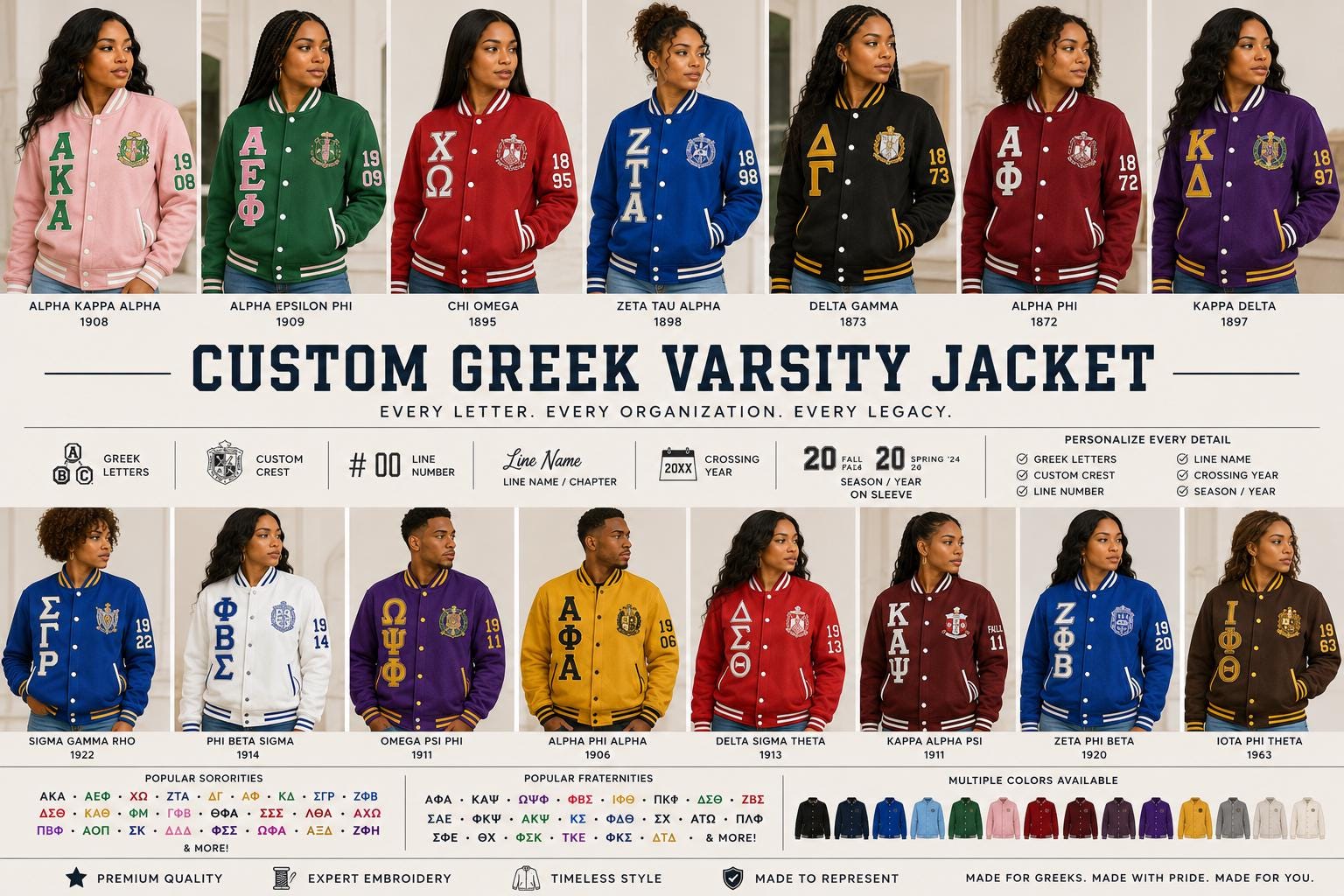 Red custom embroidered Varsity Line Jacket with personalized front, back, and sleeve embroidery