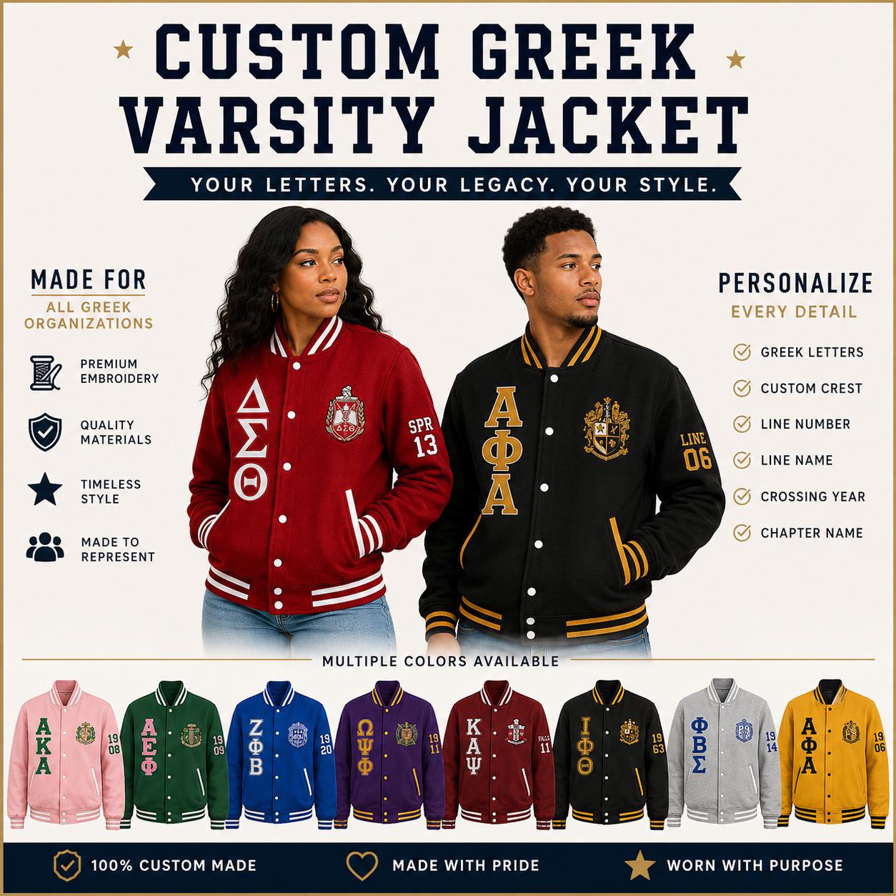 Red custom embroidered Varsity Line Jacket with personalized front, back, and sleeve embroidery