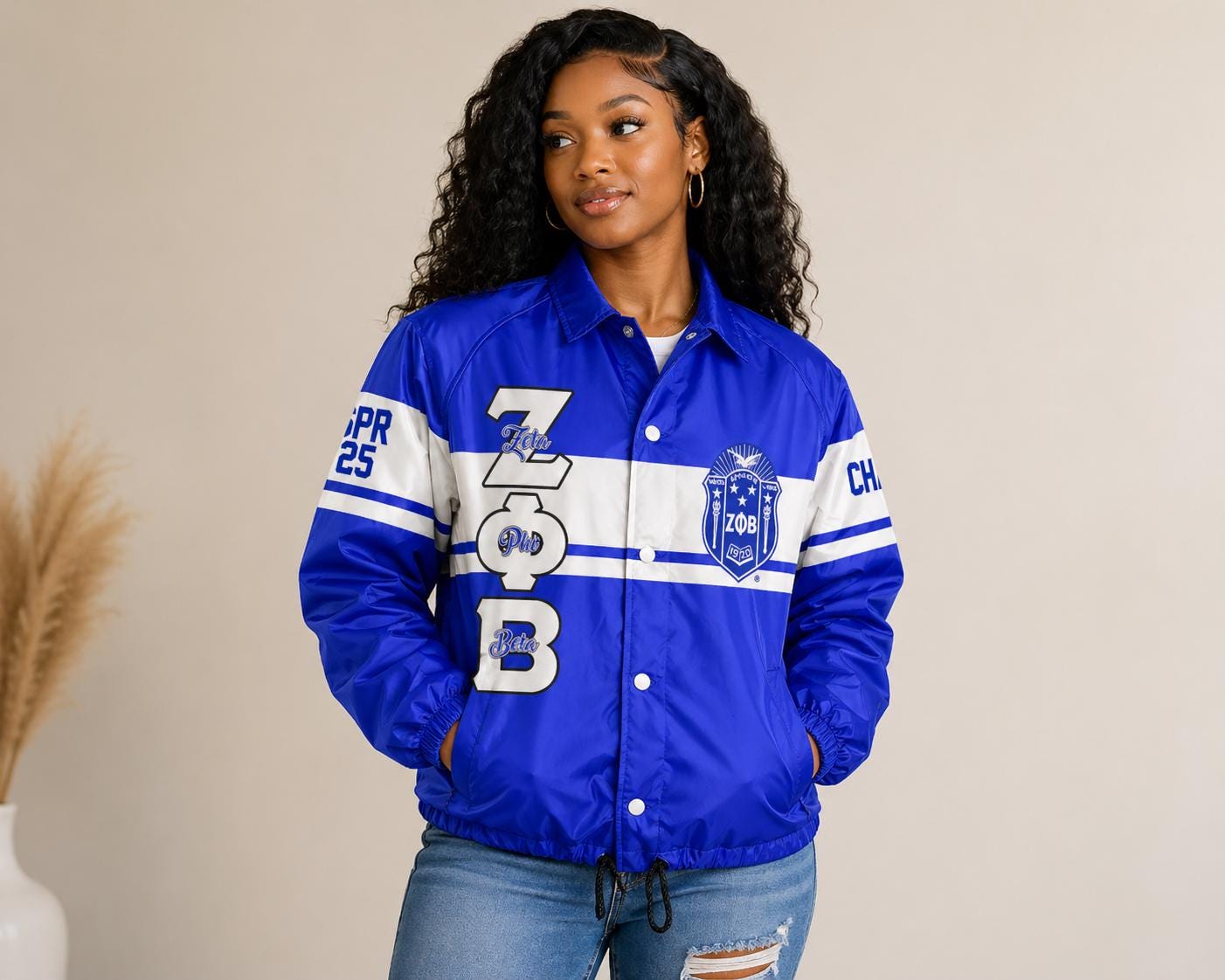Royal Blue / Red Zeta Phi Beta Custom Line Jacket with personalized front, back, and sleeve embroidery