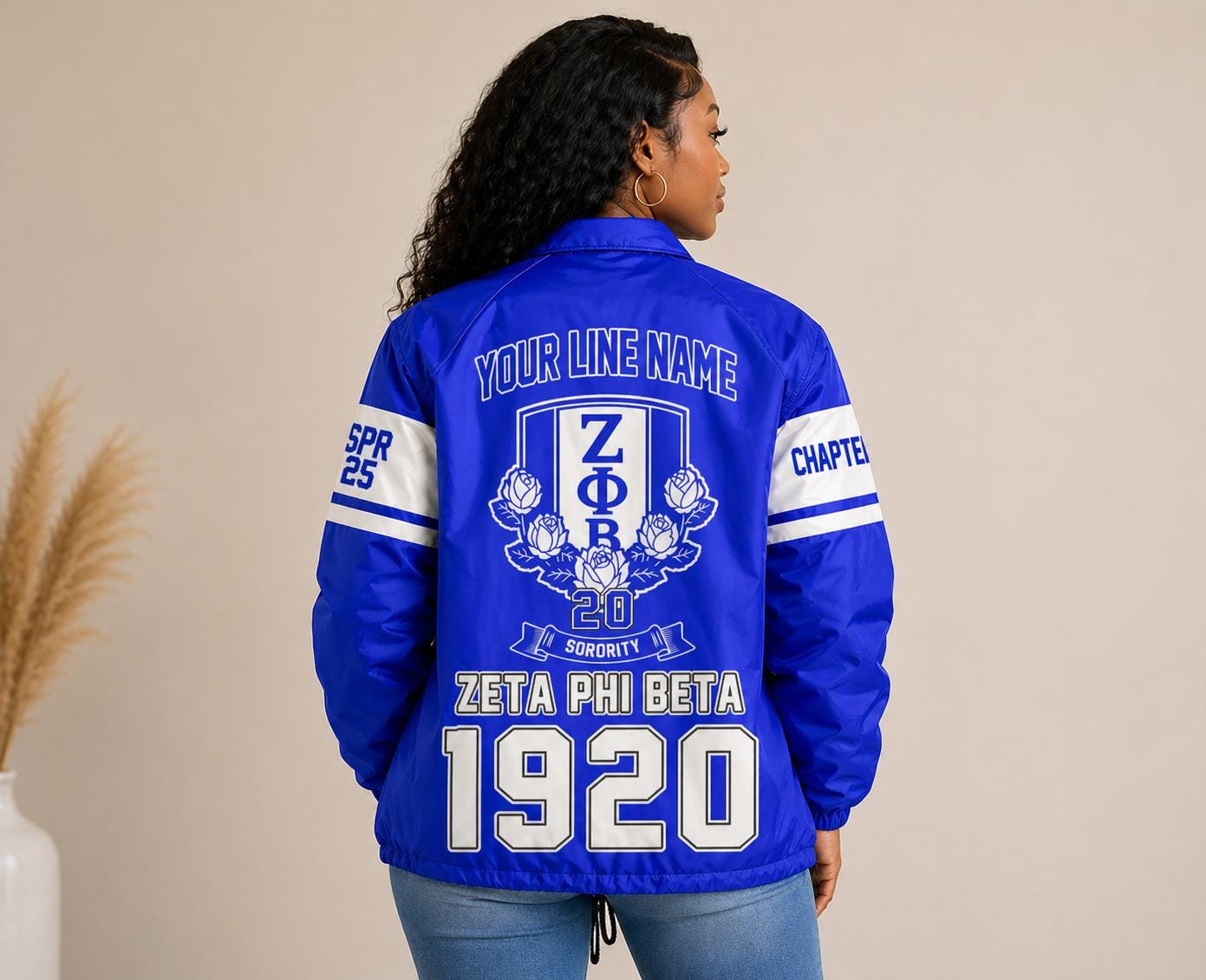 Royal Blue / Red Zeta Phi Beta Custom Line Jacket with personalized front, back, and sleeve embroidery