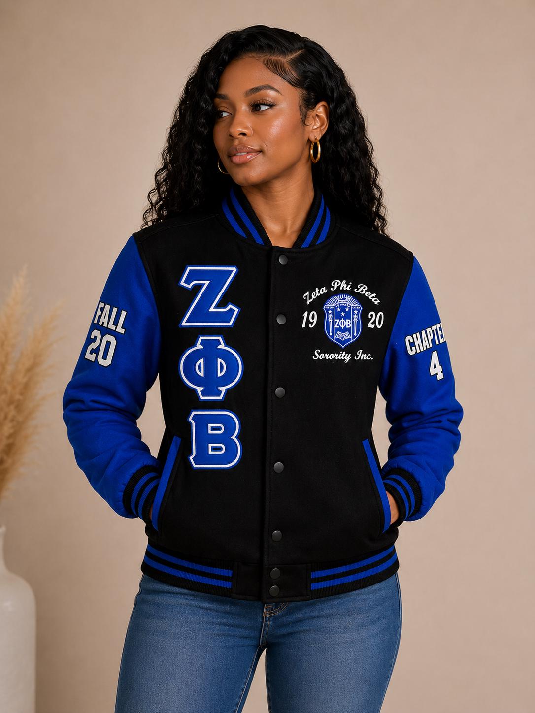 Red Zeta Phi Beta Varsity Line Jacket with personalized front, back, and sleeve embroidery