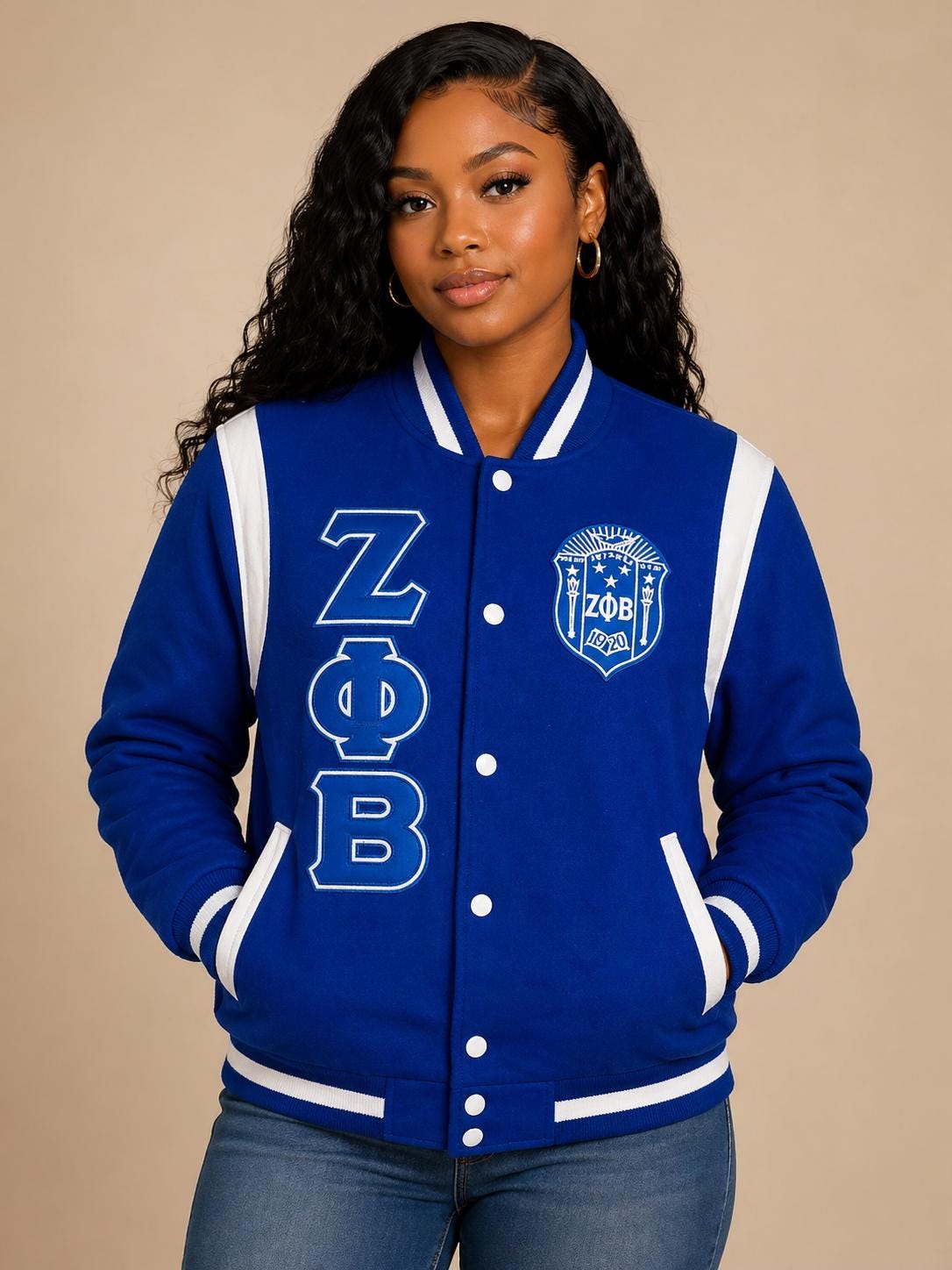 Red Zeta Phi Beta Varsity Line Jacket with personalized front, back, and sleeve embroidery