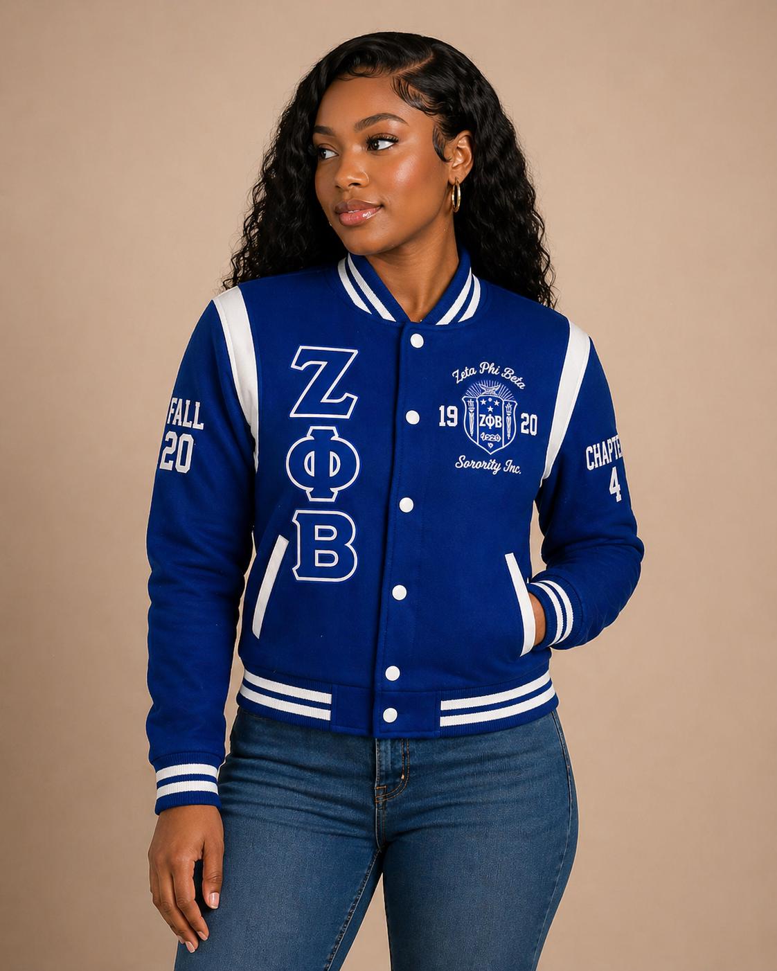 Red Zeta Phi Beta Varsity Line Jacket with personalized front, back, and sleeve embroidery