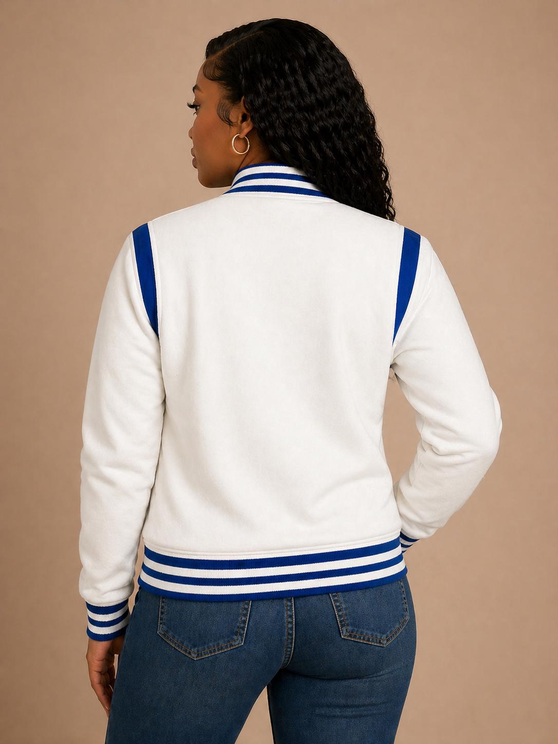 White / Red Zeta Phi Beta Varsity Line Jacket with personalized front, back, and sleeve embroidery