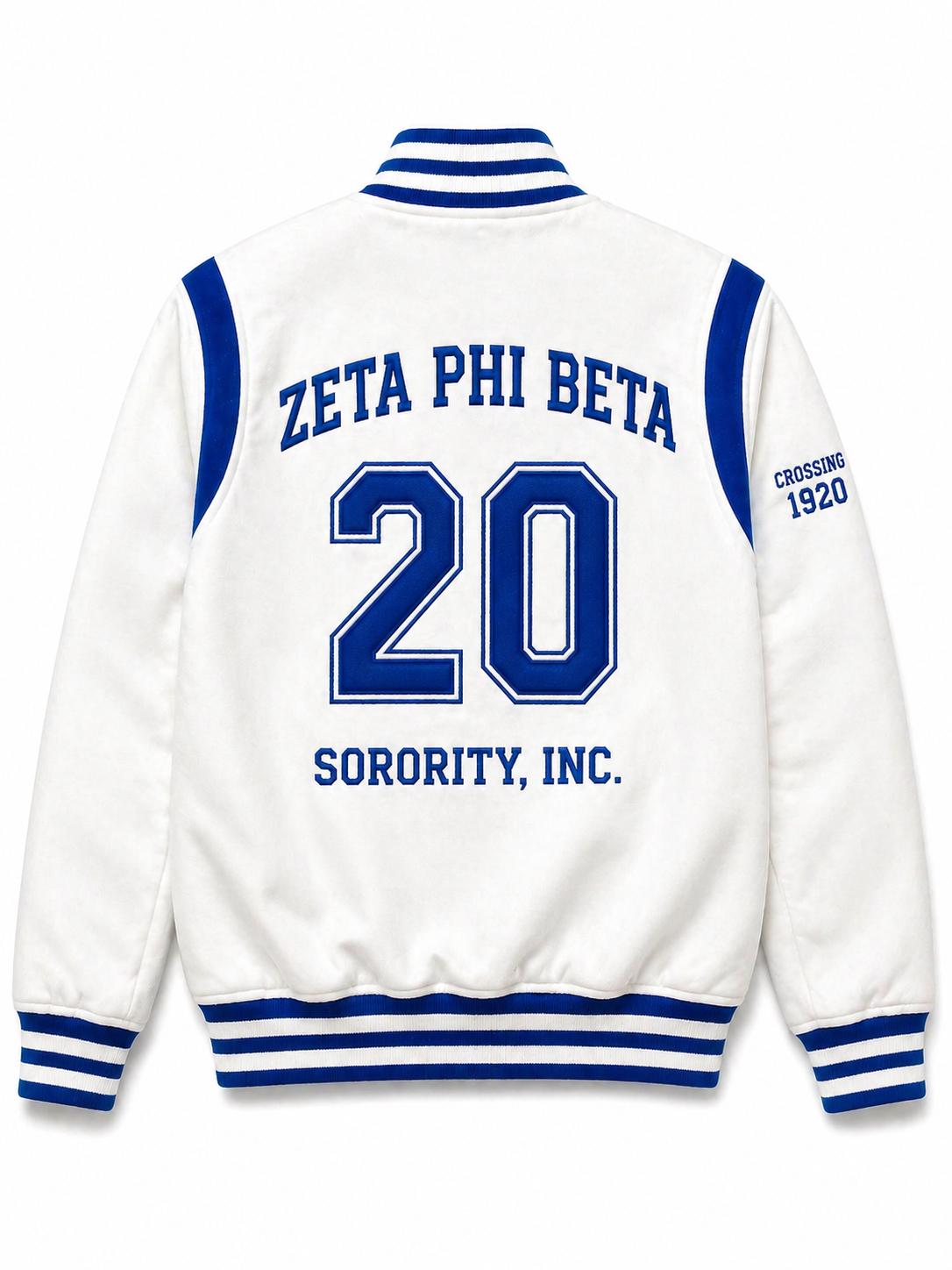 White / Red Zeta Phi Beta Varsity Line Jacket with personalized front, back, and sleeve embroidery