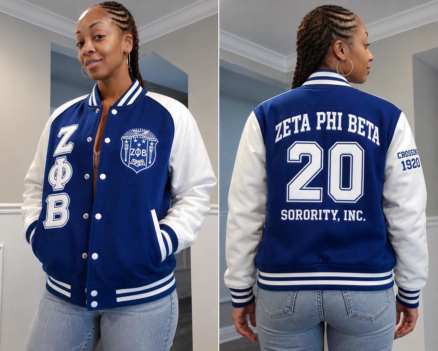 Red Zeta Phi Beta Varsity Line Jacket with personalized front, back, and sleeve embroidery