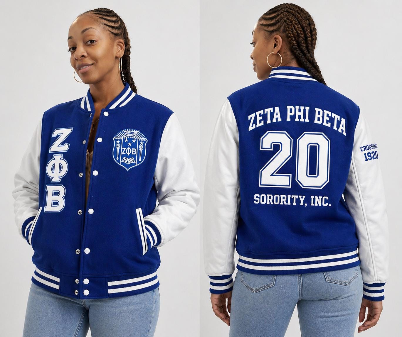 Red Zeta Phi Beta Varsity Line Jacket with personalized front, back, and sleeve embroidery