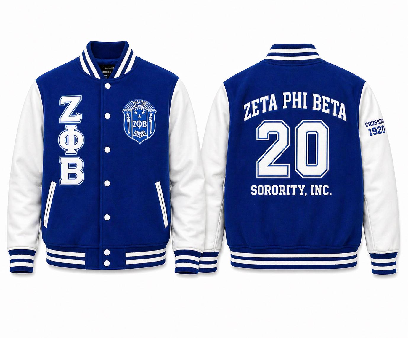 Red Zeta Phi Beta Varsity Line Jacket with personalized front, back, and sleeve embroidery