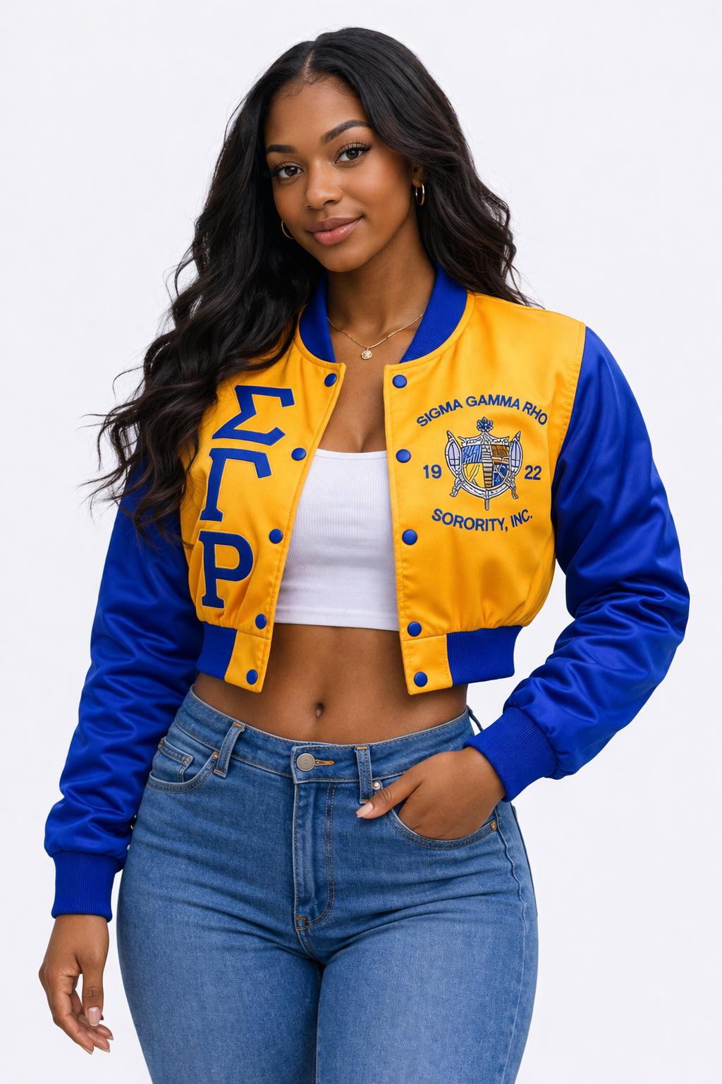 Royal Blue / Gold Sigma Gamma Rho Cropped Line Jacket with personalized front, back, and sleeve embroidery