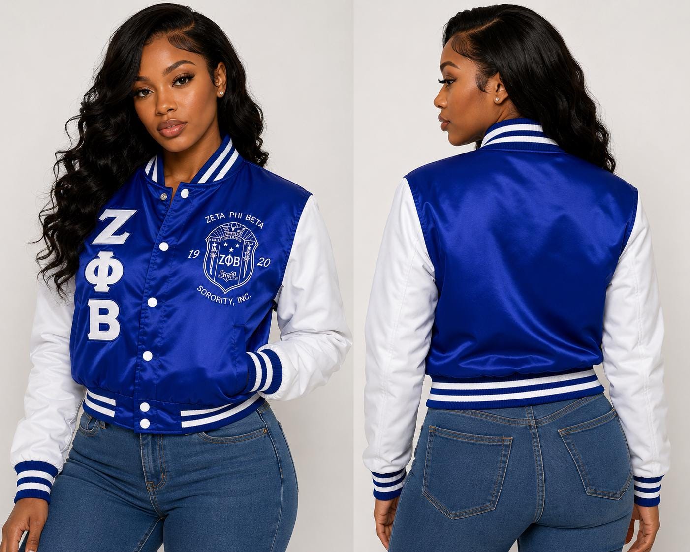 White / Red Zeta Phi Beta Cropped Line Jacket with personalized front, back, and sleeve embroidery