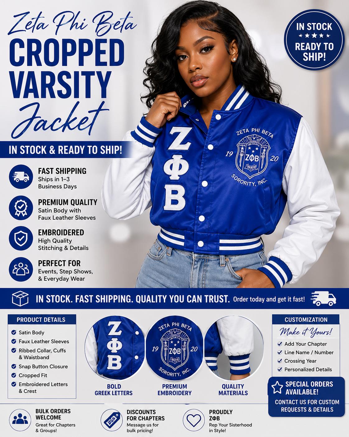 White / Red Zeta Phi Beta Cropped Line Jacket with personalized front, back, and sleeve embroidery