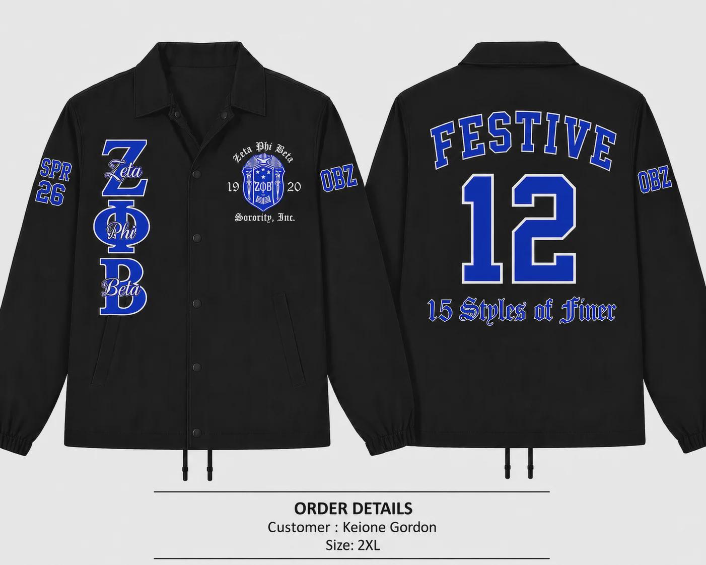 Red Zeta Phi Beta Coach Line Jacket with personalized front, back, and sleeve embroidery