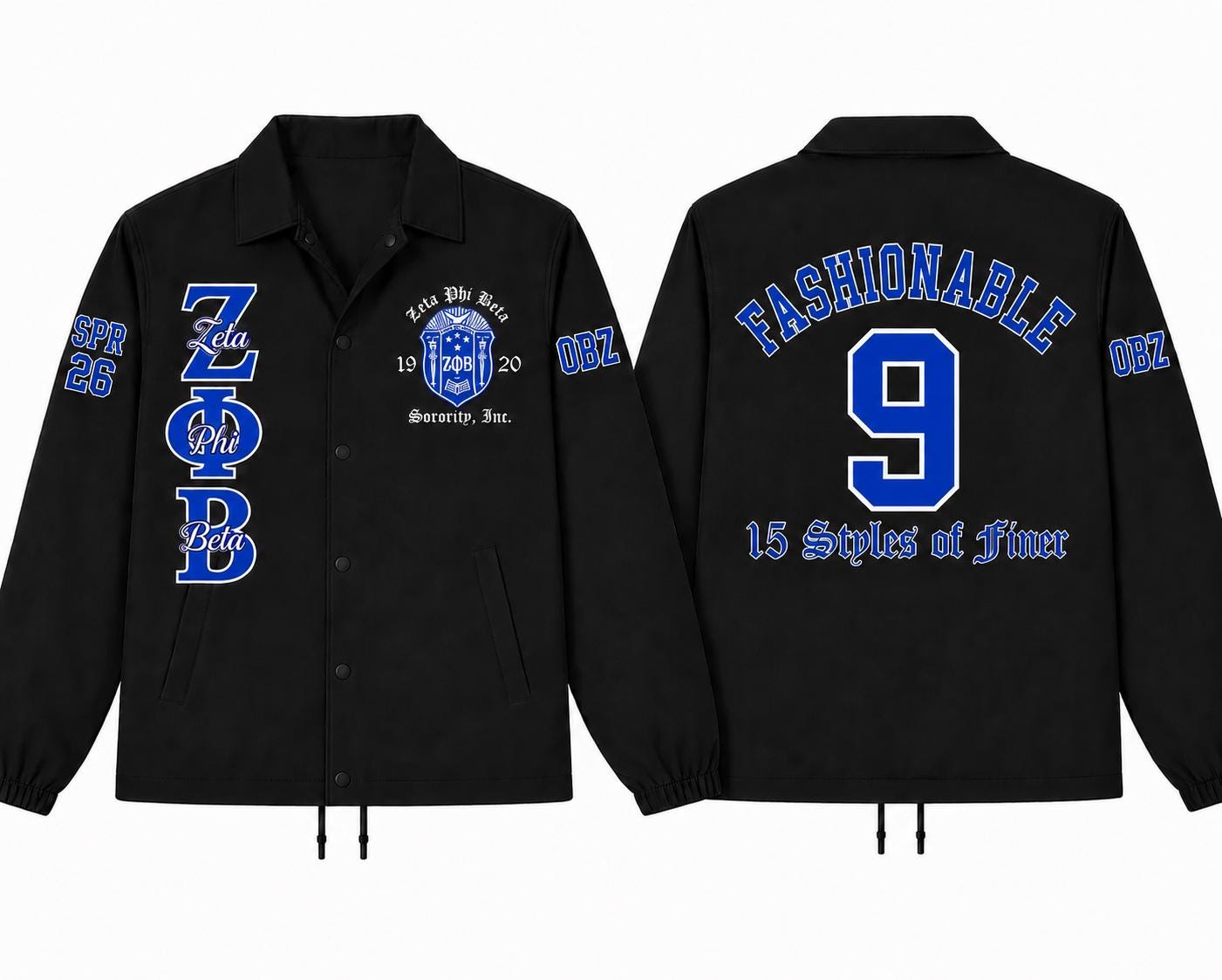 Red Zeta Phi Beta Coach Line Jacket with personalized front, back, and sleeve embroidery