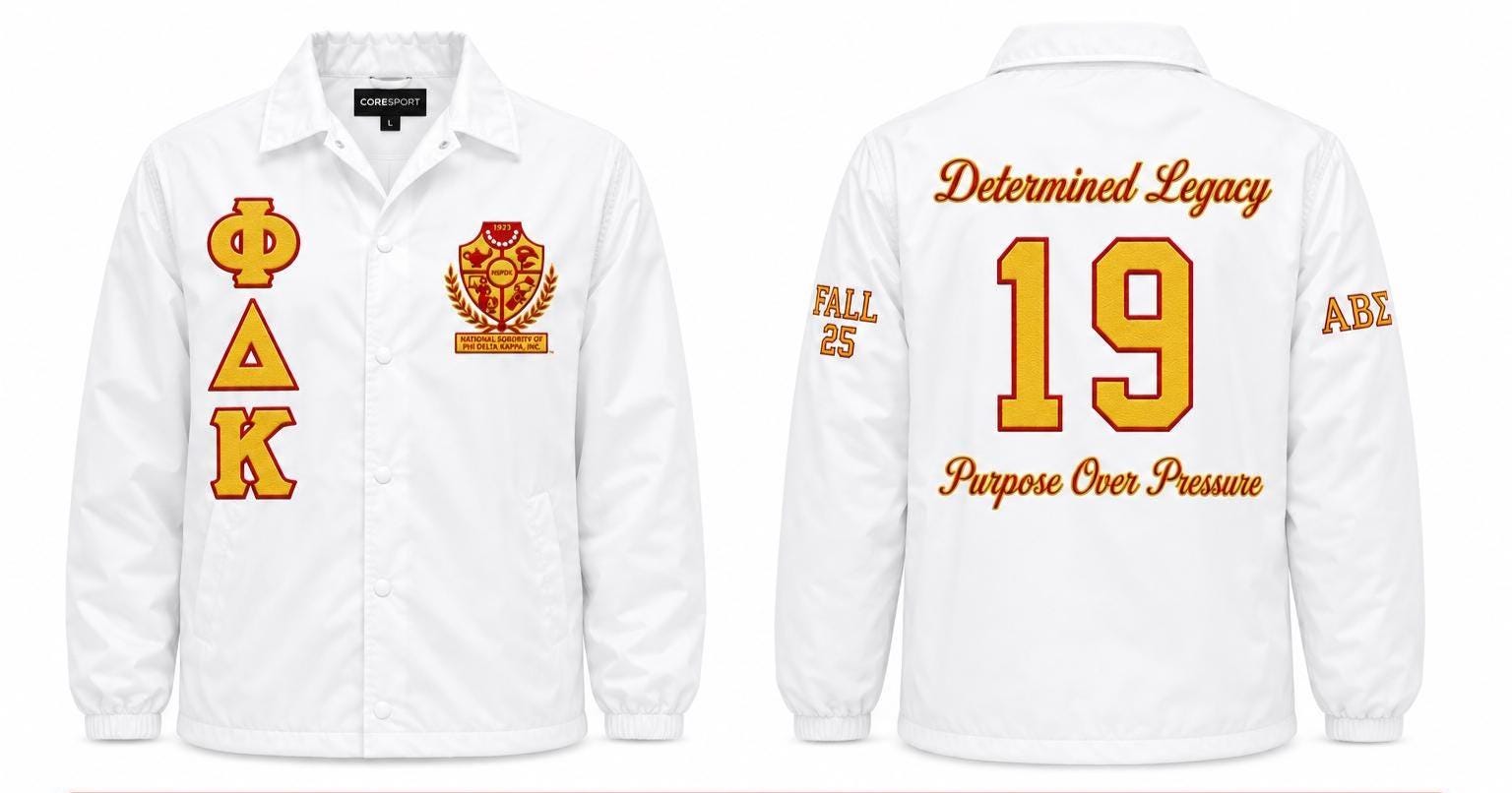 Royal Blue / White Alpha Kappa Alpha Coach Line Jacket with personalized front, back, and sleeve embroidery