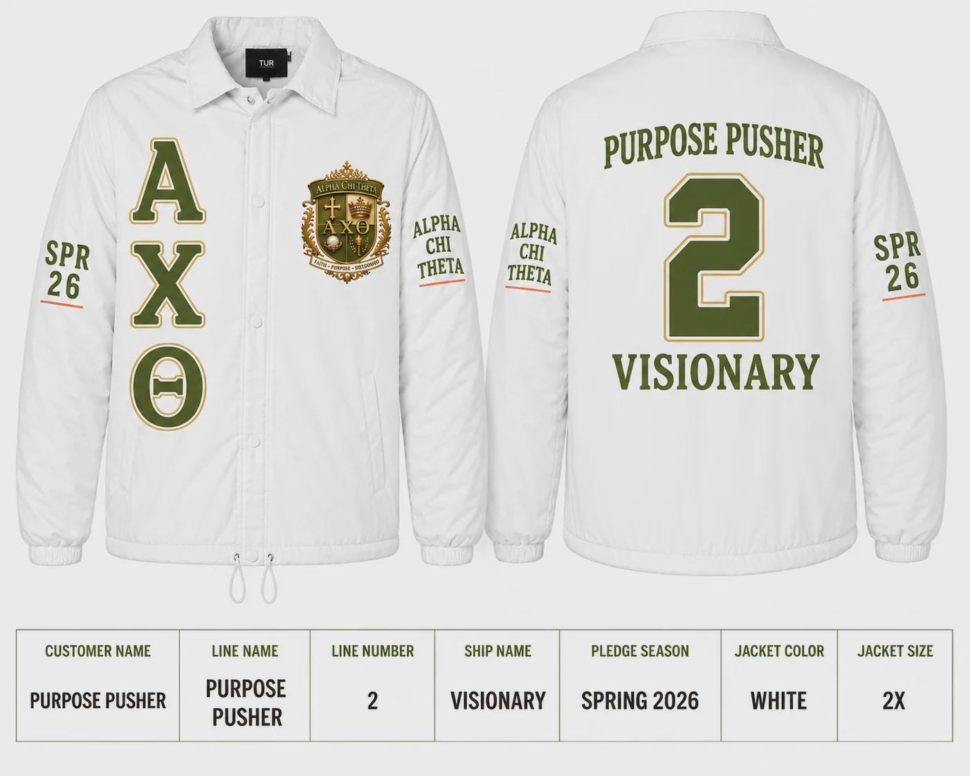 White custom embroidered Custom Line Jacket with personalized front, back, and sleeve embroidery