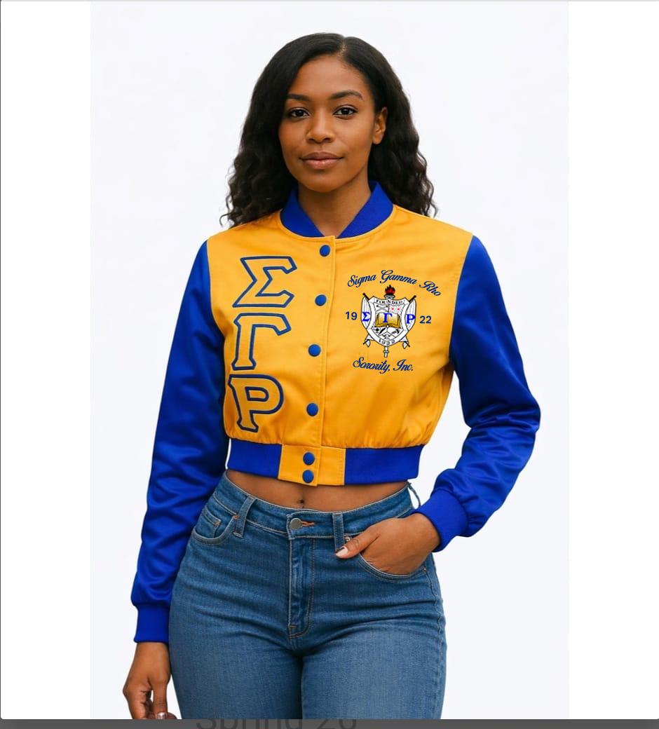 Royal Blue / Gold Sigma Gamma Rho Cropped Line Jacket with personalized front, back, and sleeve embroidery
