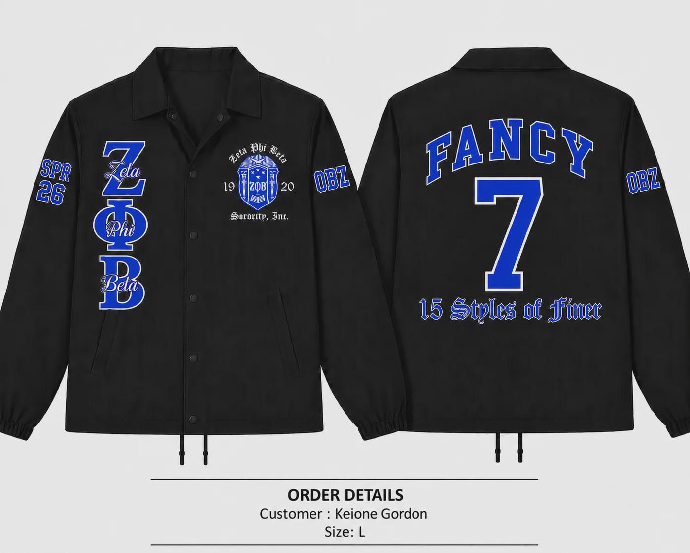 Red Zeta Phi Beta Coach Line Jacket with personalized front, back, and sleeve embroidery