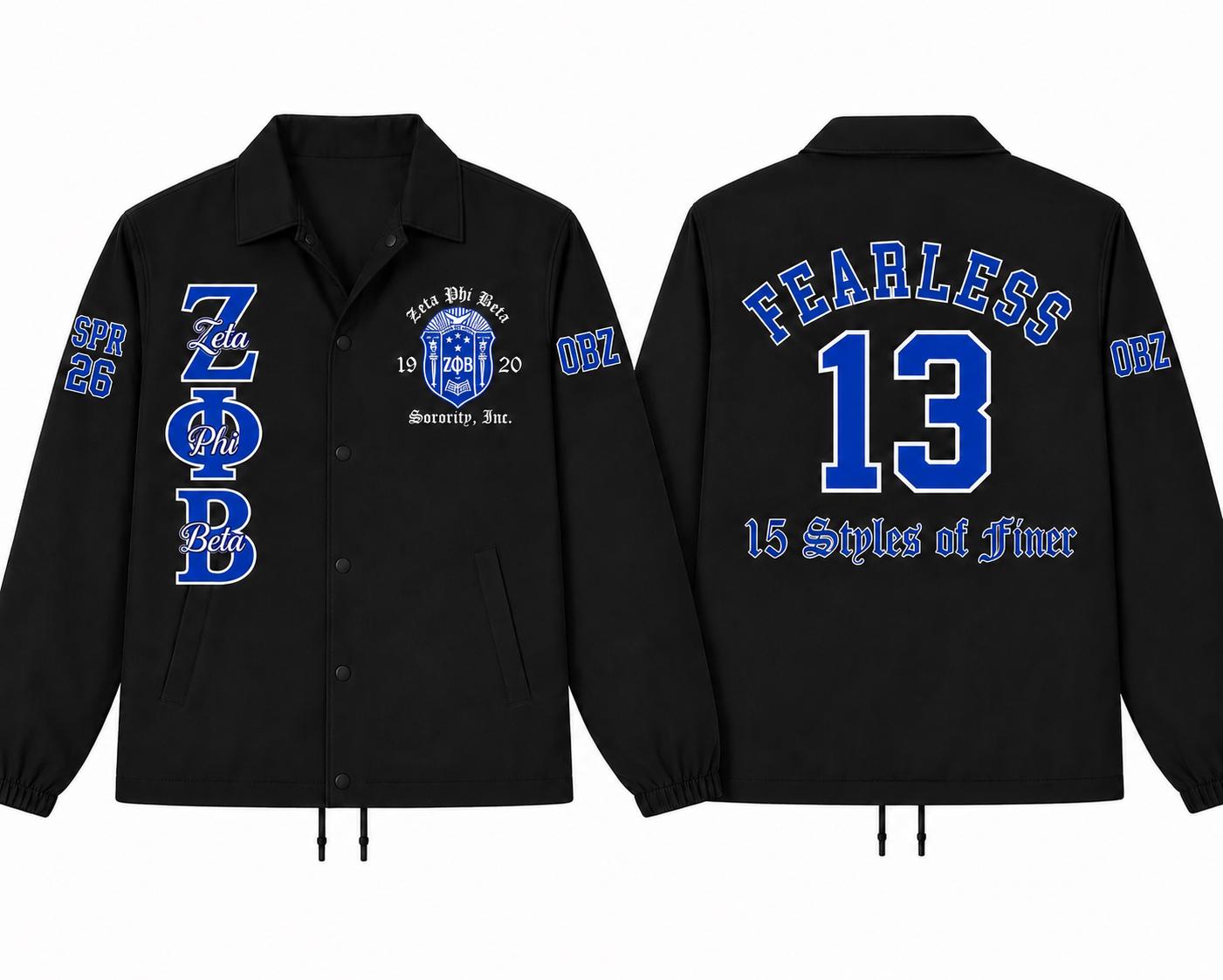 Red Zeta Phi Beta Coach Line Jacket with personalized front, back, and sleeve embroidery