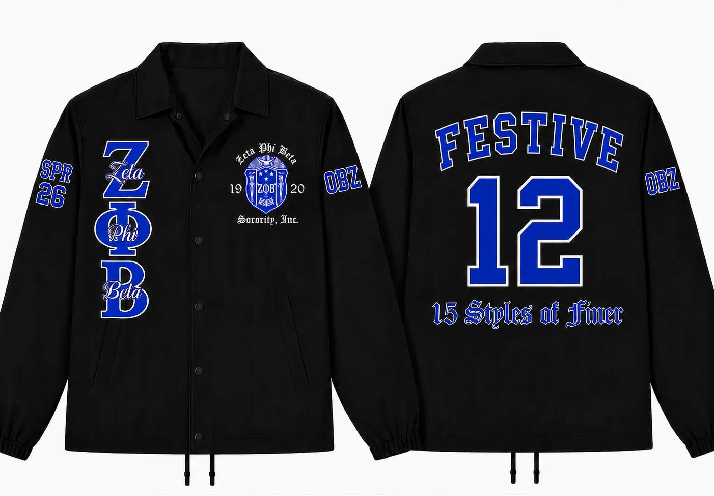 Red Zeta Phi Beta Coach Line Jacket with personalized front, back, and sleeve embroidery