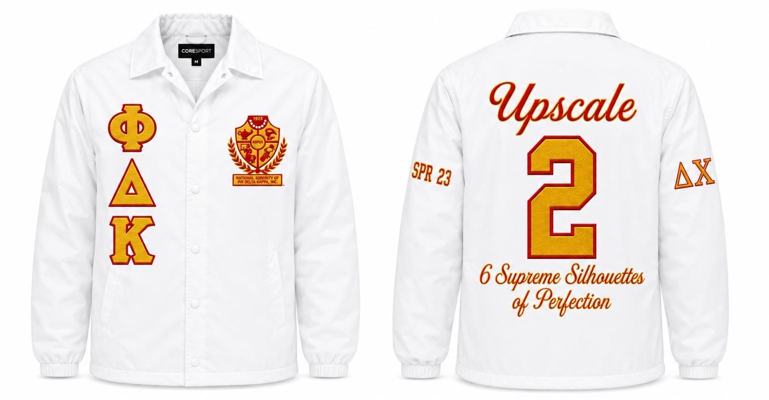 Royal Blue / White Alpha Kappa Alpha Coach Line Jacket with personalized front, back, and sleeve embroidery