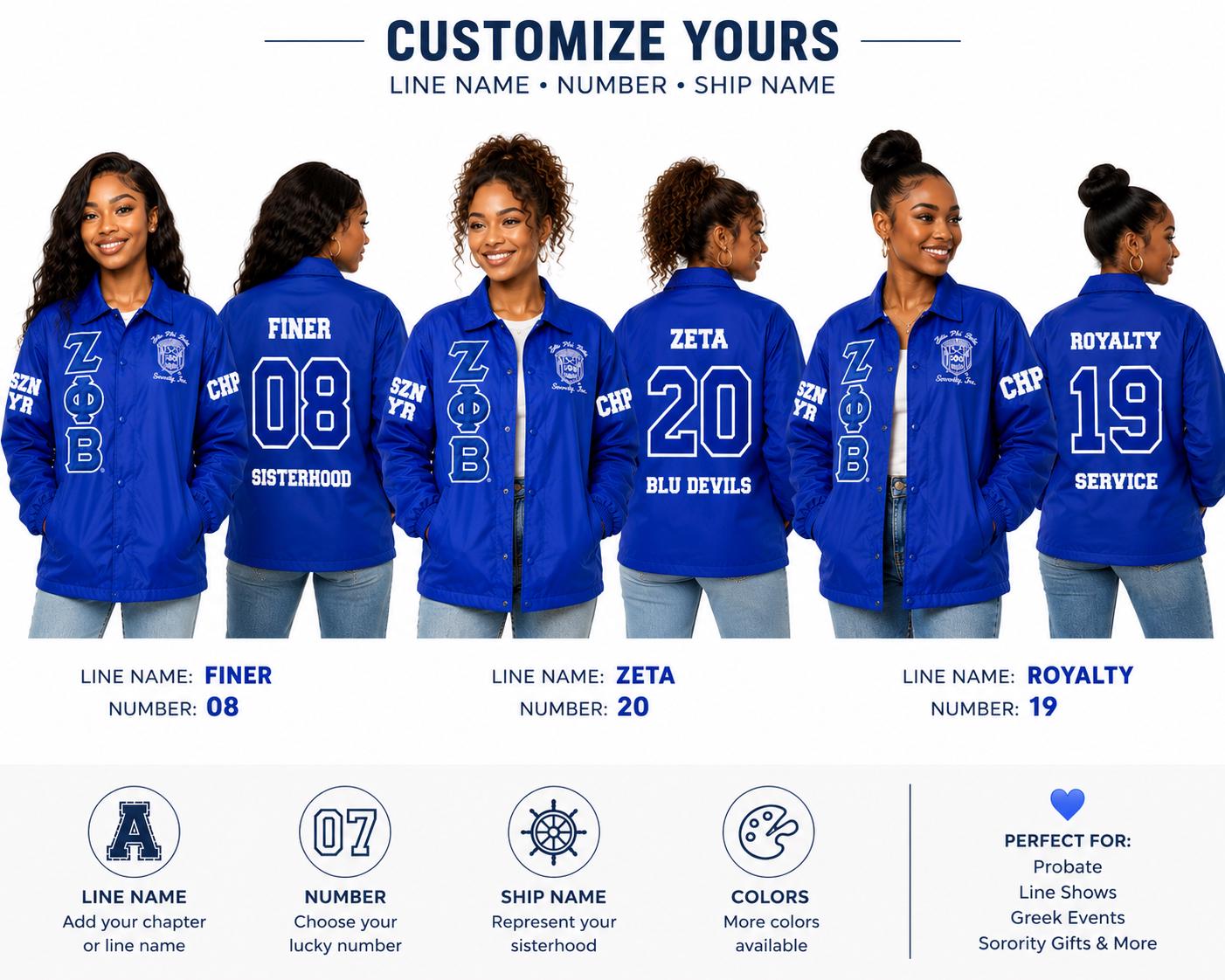 Red Zeta Phi Beta Varsity Line Jacket with personalized front, back, and sleeve embroidery