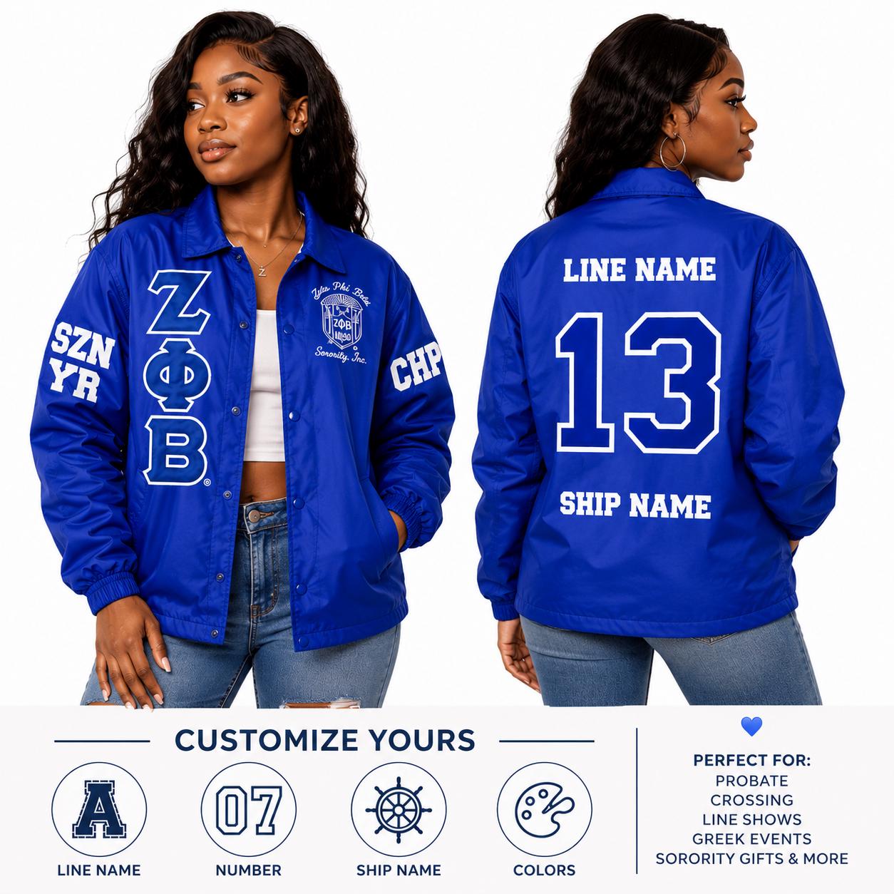 Red Zeta Phi Beta Coach Line Jacket with personalized front, back, and sleeve embroidery
