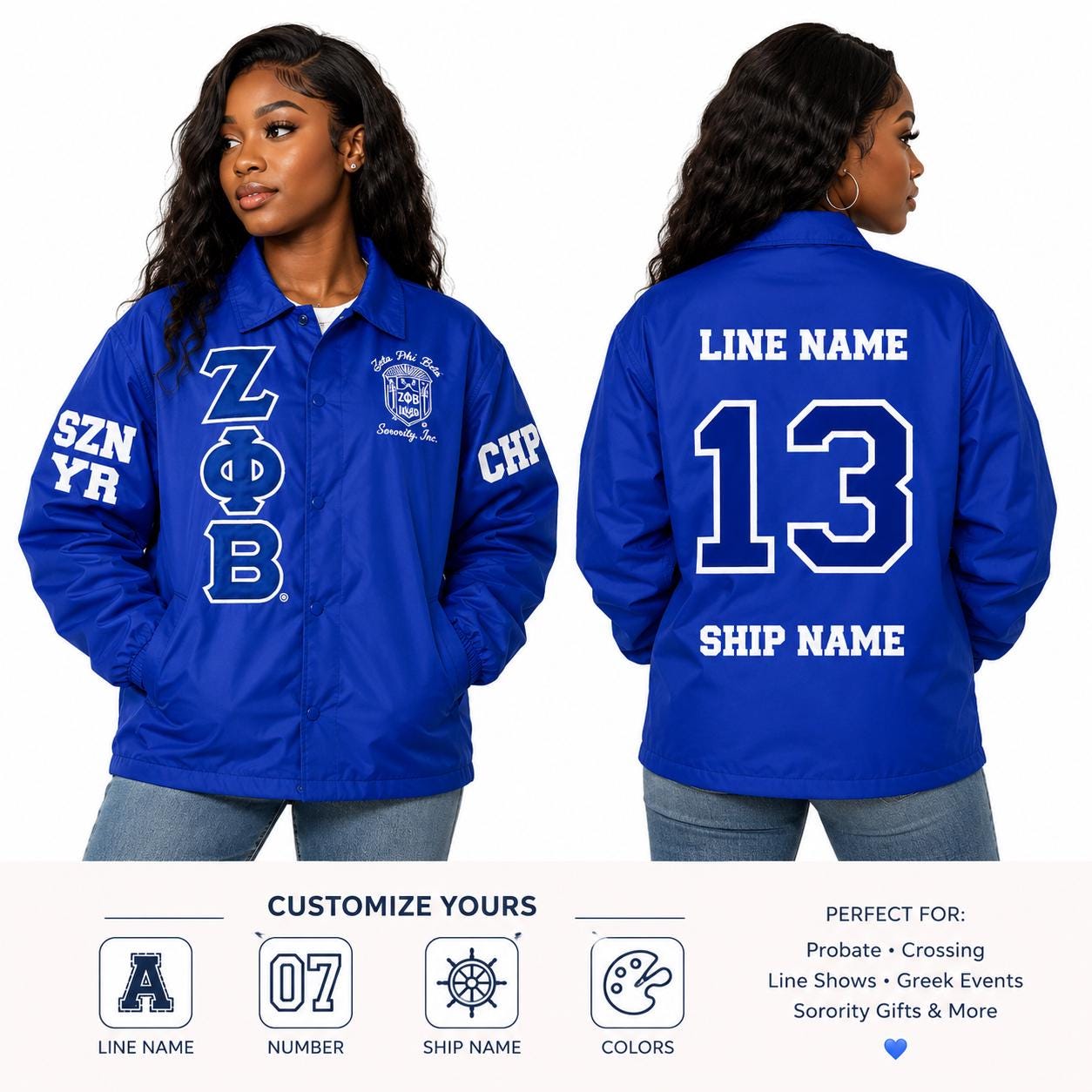 Red Zeta Phi Beta Coach Line Jacket with personalized front, back, and sleeve embroidery