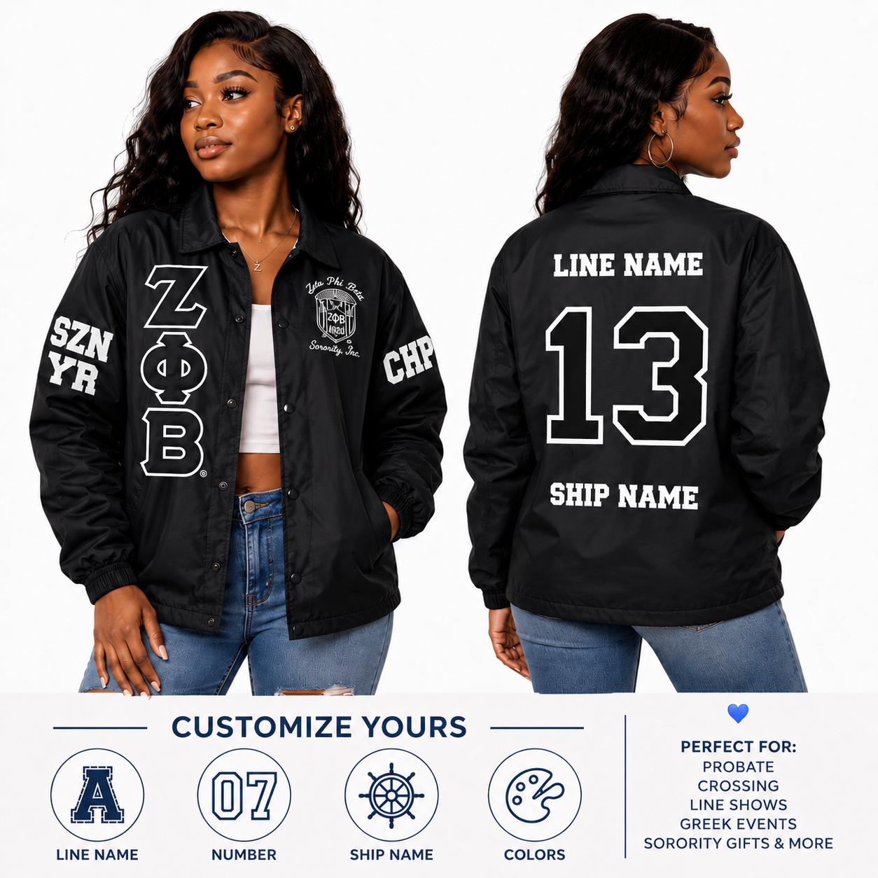 Red Zeta Phi Beta Coach Line Jacket with personalized front, back, and sleeve embroidery