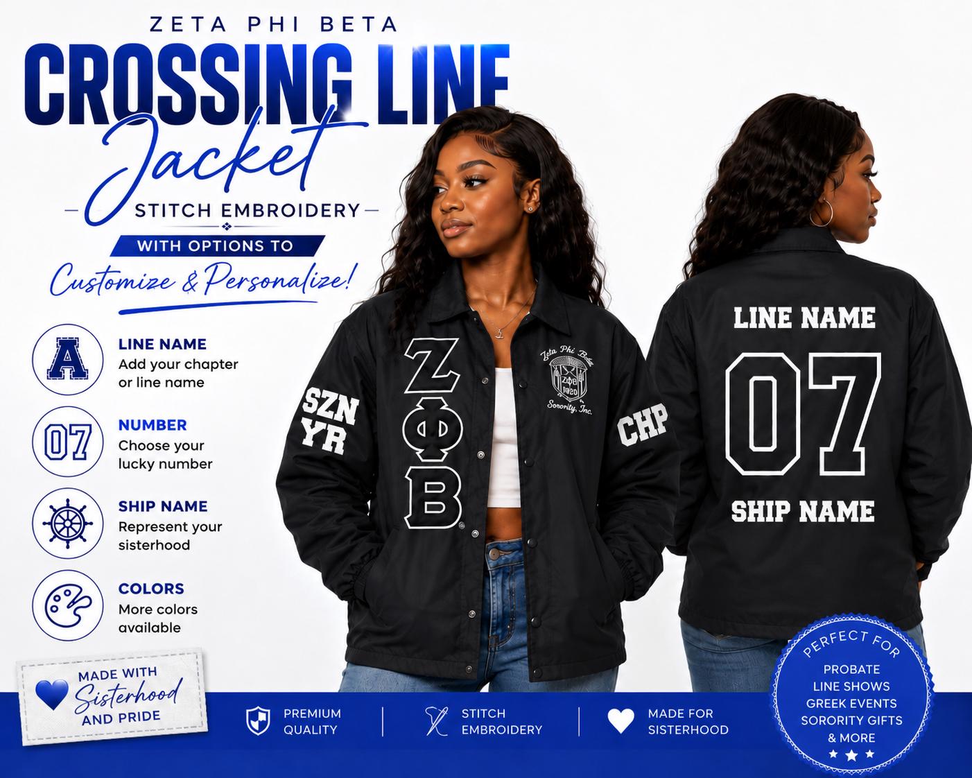 Red Zeta Phi Beta Coach Line Jacket with personalized front, back, and sleeve embroidery