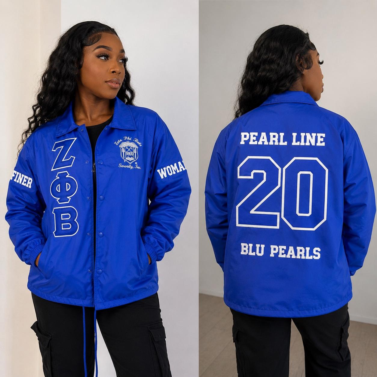 Red Zeta Phi Beta Varsity Line Jacket with personalized front, back, and sleeve embroidery