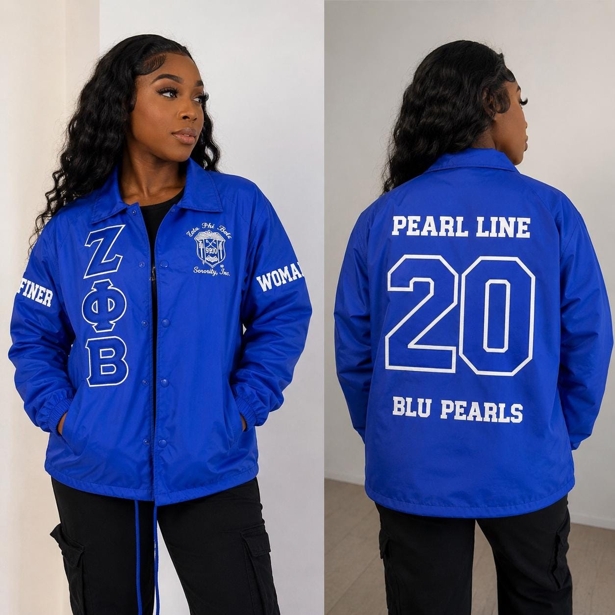 Red Zeta Phi Beta Varsity Line Jacket with personalized front, back, and sleeve embroidery