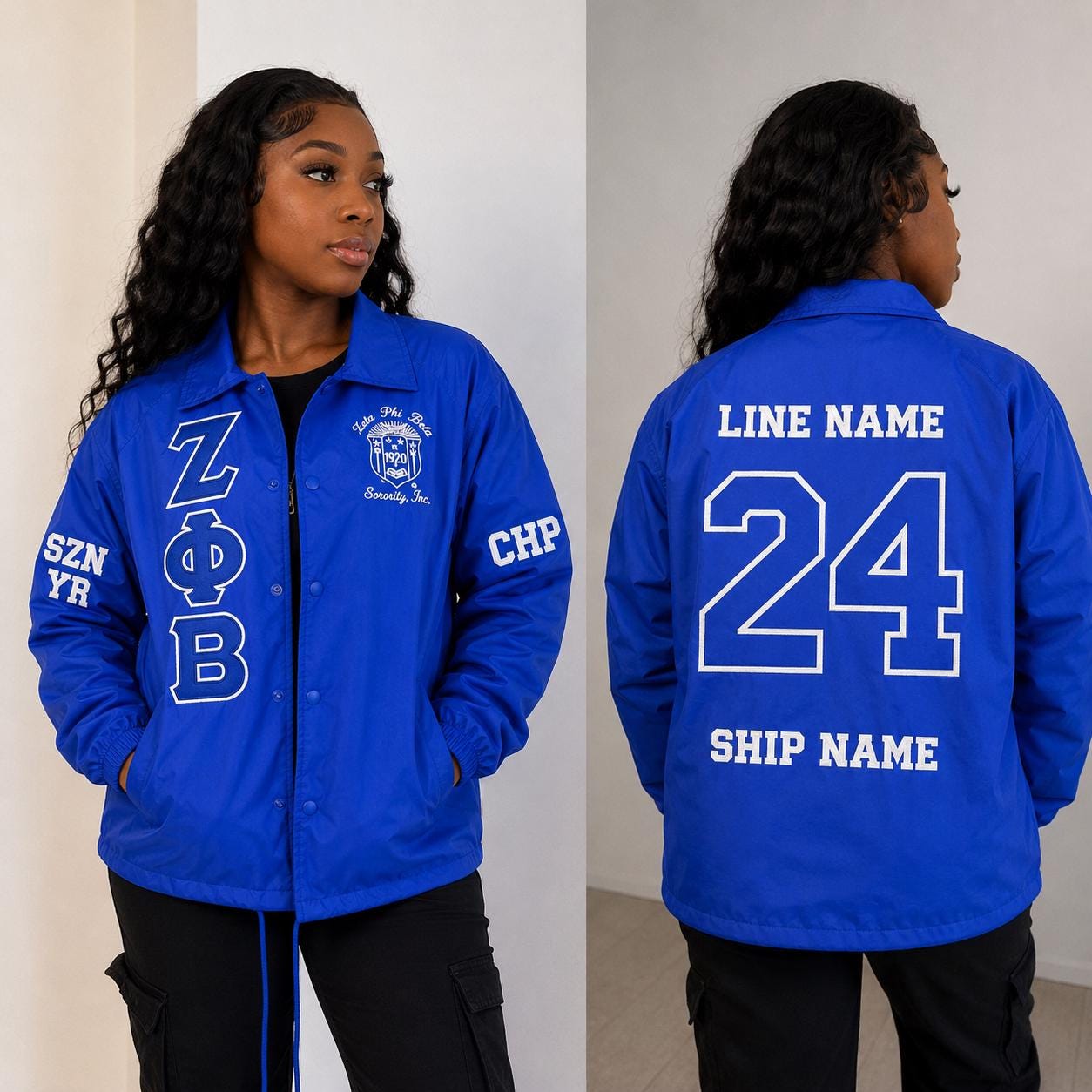 Red Zeta Phi Beta Varsity Line Jacket with personalized front, back, and sleeve embroidery