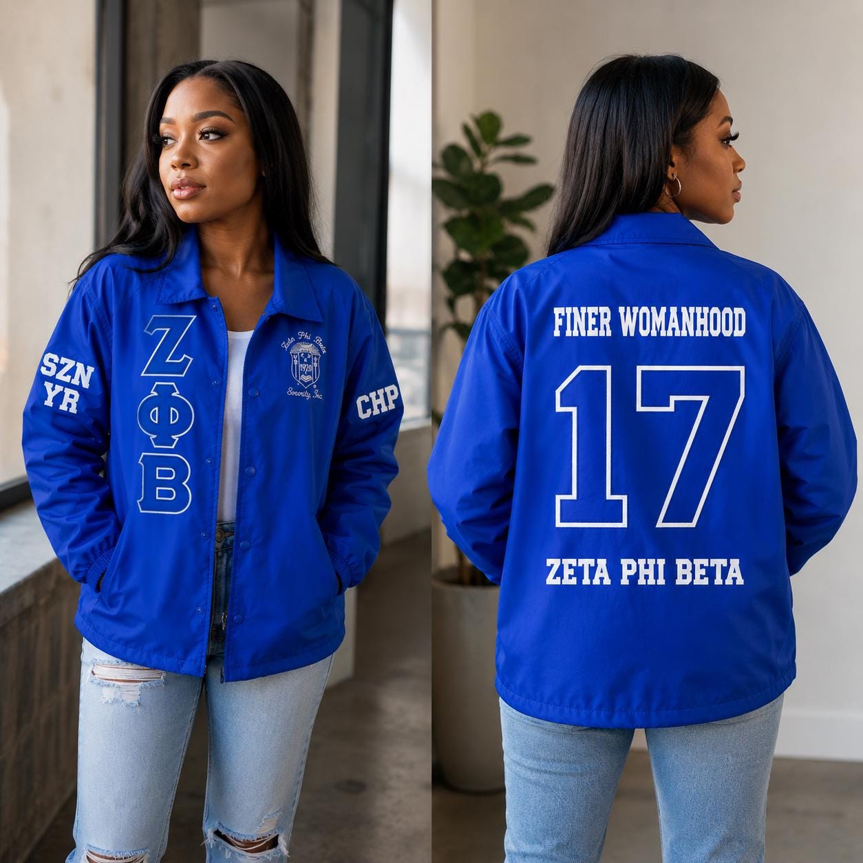 Red Zeta Phi Beta Varsity Line Jacket with personalized front, back, and sleeve embroidery