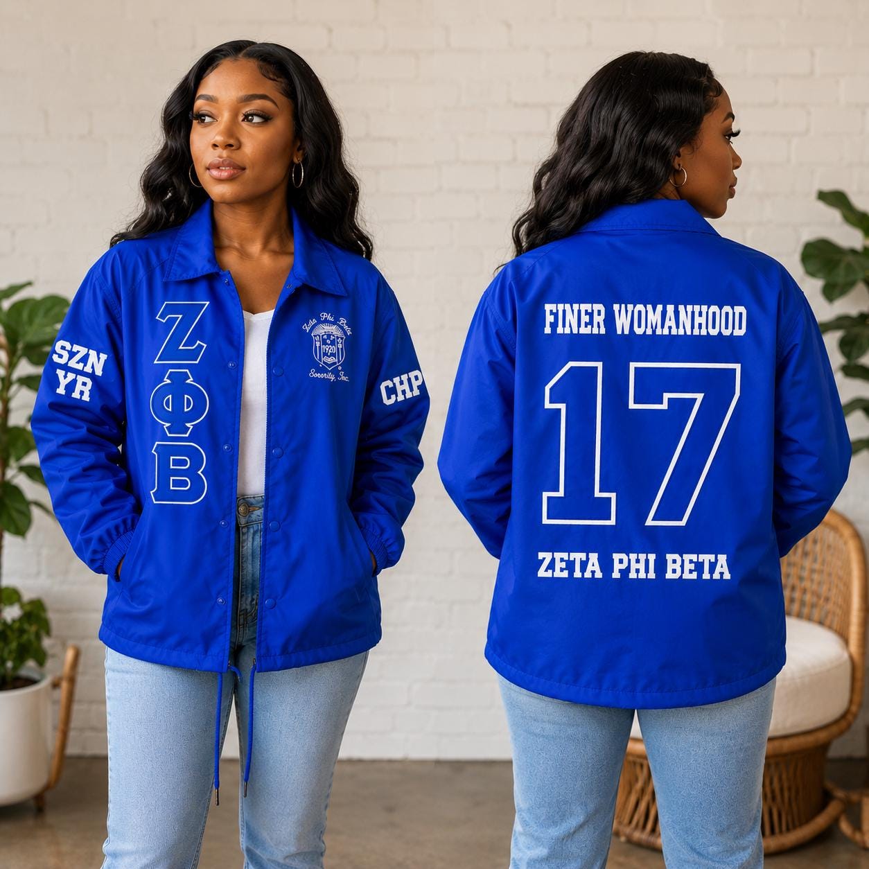 Red Zeta Phi Beta Varsity Line Jacket with personalized front, back, and sleeve embroidery