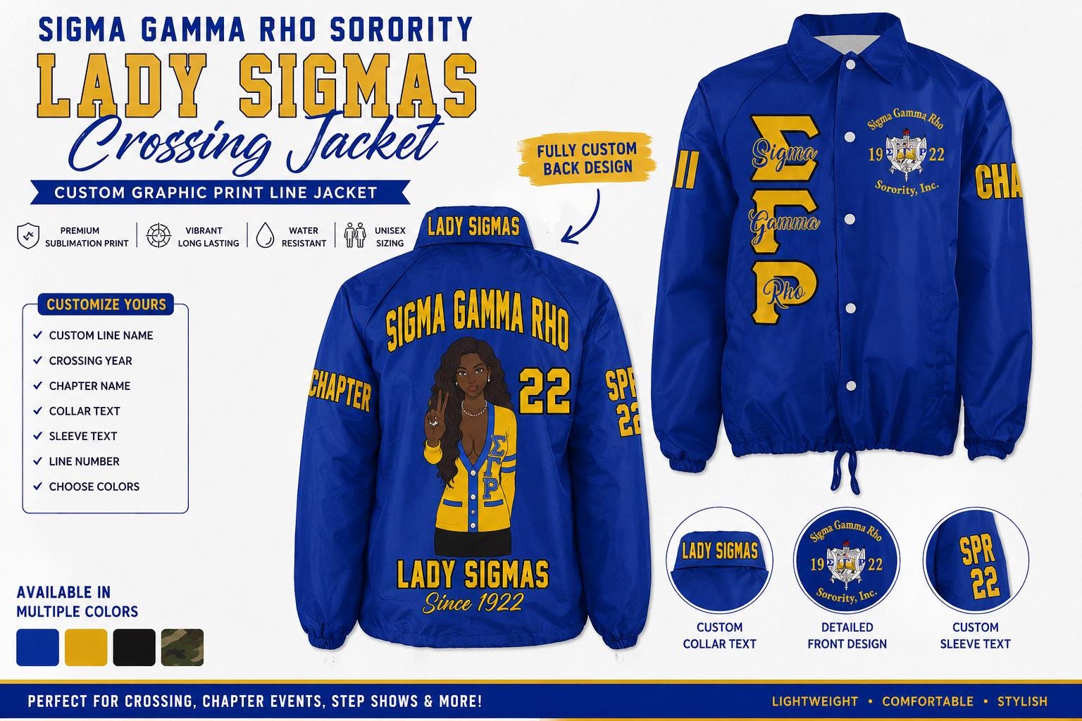 Red Sigma Gamma Rho Custom Line Jacket with personalized front, back, and sleeve embroidery