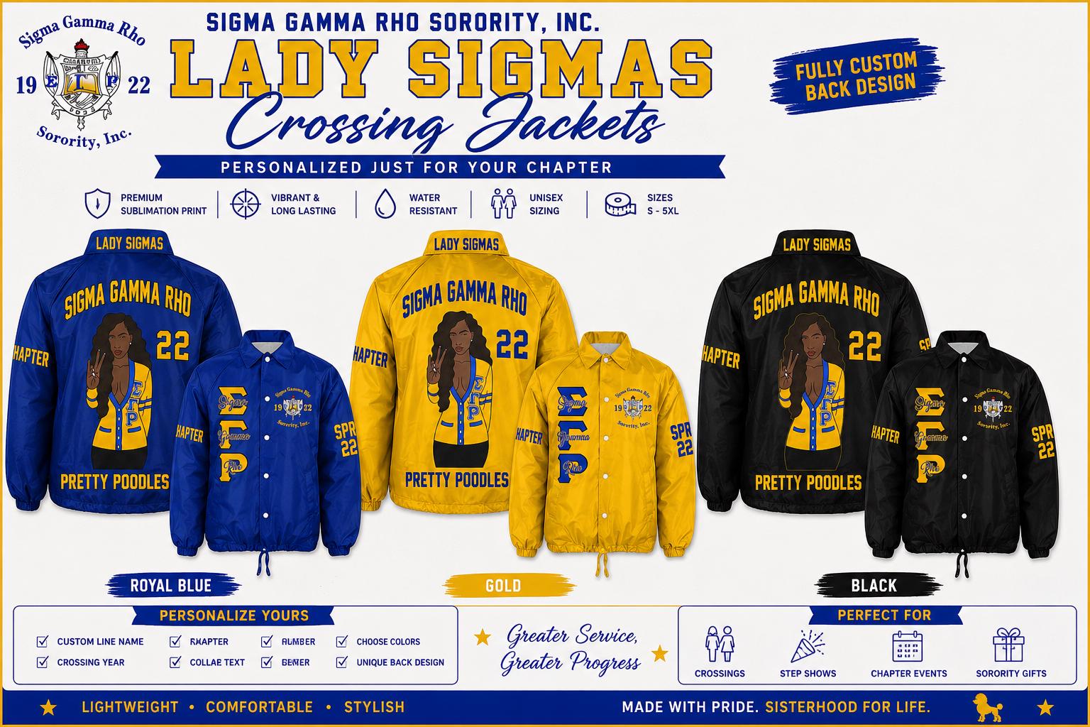 Red Sigma Gamma Rho Custom Line Jacket with personalized front, back, and sleeve embroidery