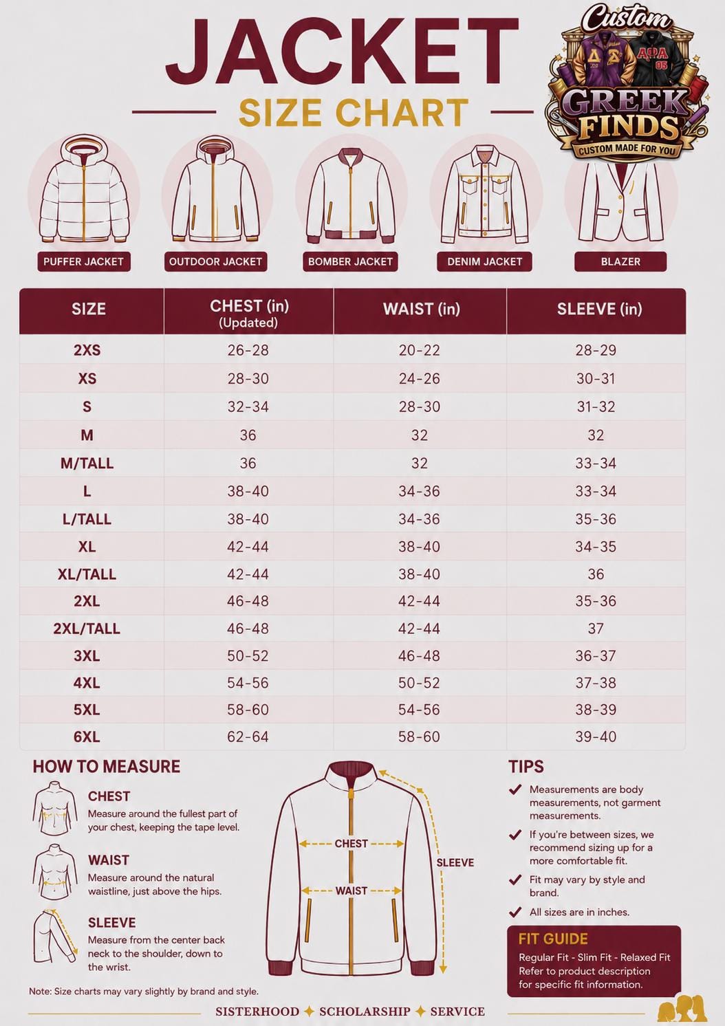 Red Sigma Gamma Rho Coach Line Jacket with personalized front, back, and sleeve embroidery