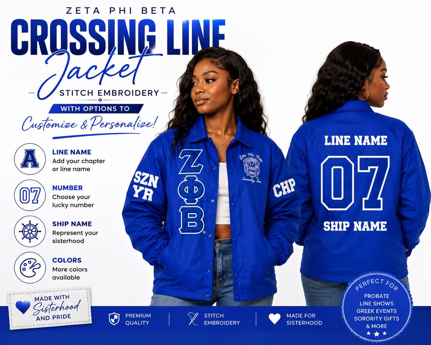 Red Zeta Phi Beta Varsity Line Jacket with personalized front, back, and sleeve embroidery