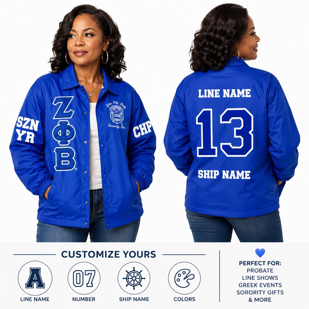 Red Zeta Phi Beta Coach Line Jacket with personalized front, back, and sleeve embroidery